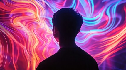 Person Contemplating Vibrant Abstract Artwork