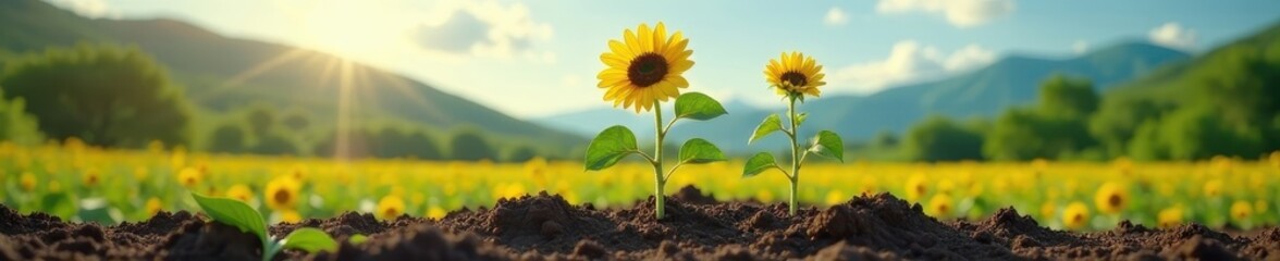 Resilient sunflower sprouts from discarded can amidst scenic backdrop, stock photo, wild