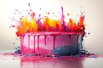 Cake explodes colorfully in a bright, clean studio