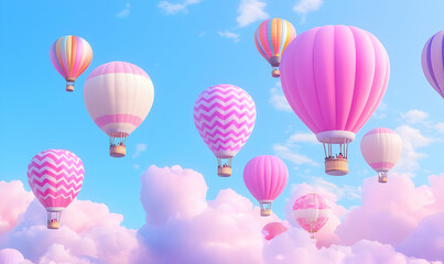 Colorful Hot Air Balloons Floating Above Soft Cotton Candy Clouds