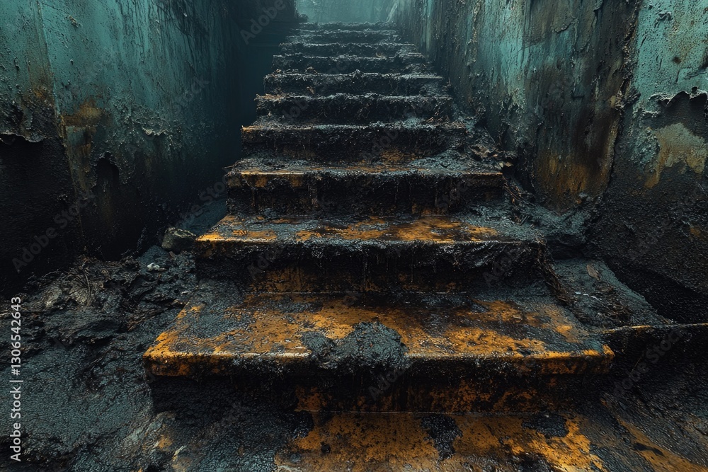 Poster old staircase in a neglected building with peeling paint and weathered walls