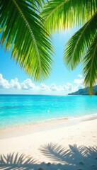 Sun-drenched palm leaves frame pristine beach; island paradise scene, nature, stunning, green