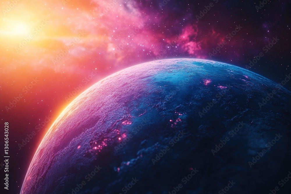 Poster a picture of a planet with a bright sun in the background, suitable for use in space-themed designs 