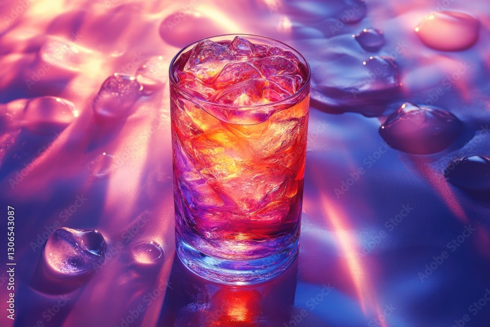 Poster a glass filled with ice sitting on top of a table, perfect for refreshing drinks or as a decorative 