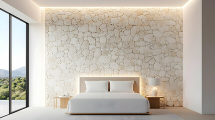 Modern Minimalist Bedroom with Stone Accent Wall and Natural Light