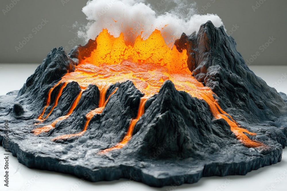 Poster a close-up view of a volcano erupting with molten lava flowing out
