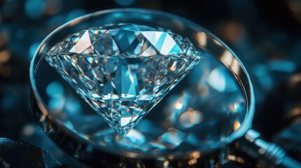 Close-up of a sparkling diamond under a magnifying glass, showcasing its intricate facets and clarity