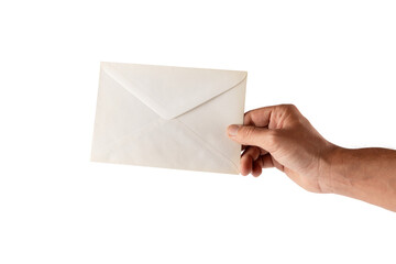 Male hand holding a white envelope isolated no background