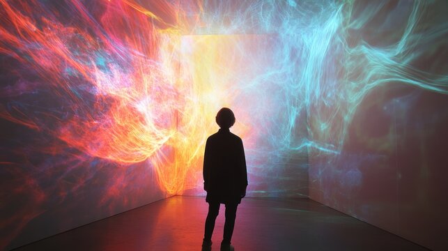Person observing immersive digital art projection in a dark room