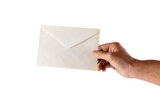 Male hand holding a white envelope isolated no background - Powered by Adobe