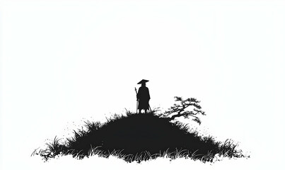 Samurai Silhouette on a Hill Against a Minimalist Background