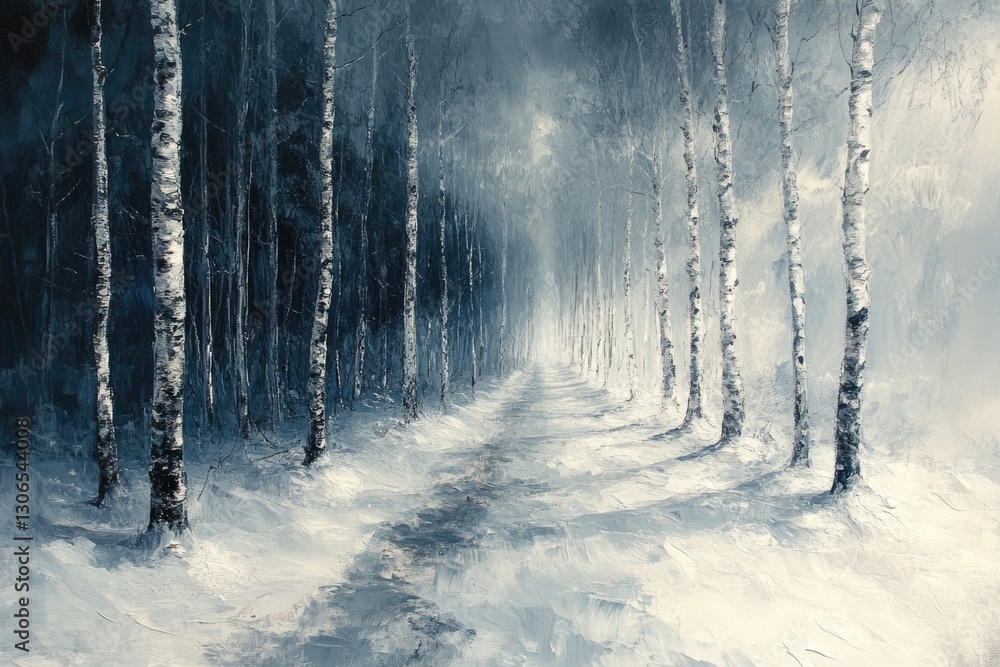 Poster a serene winter scene of a winding path through a snowy forest, perfect for use in travel or nature-