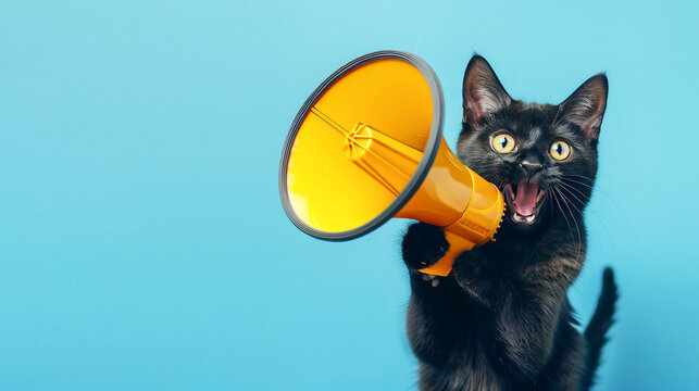 Funny black cat shouting in a yellow loudspeaker holding in his paws on blue background. Sales commercial communication banner with copy space