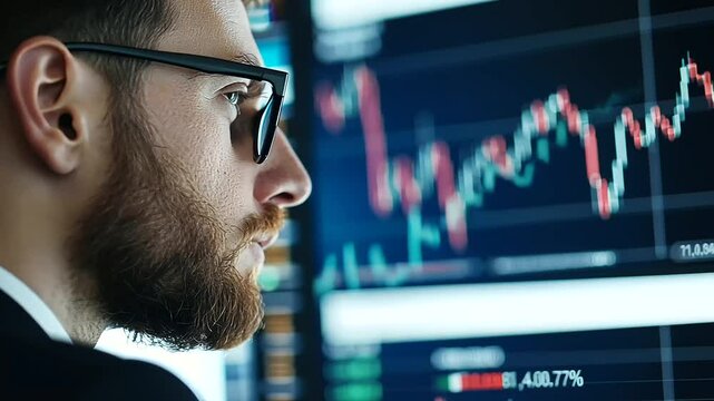 Cryptocurrency trader monitoring screens with blockchain charts