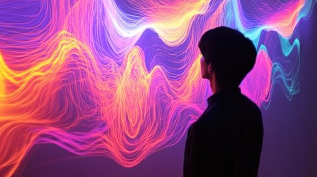 Person observing vibrant digital art light streams in dark room