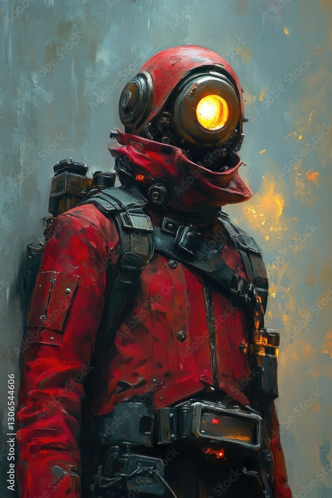 Poster Astronaut in a red spacesuit, standing on a planetary surface