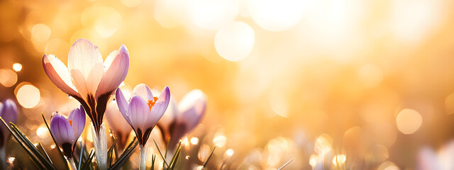Fresh wild purple crocus blooming in spring garden. Saffron flowers in field. Natural floral blooming meadows composition. Floral background. Begining springtime sunny landscape with sunlight