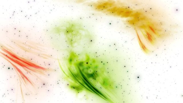 Spilled watercolor colors red, orange and green, the effect of movement of black dust particles, white background abstract.