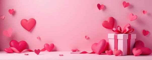 Pink background, hearts, bows, elegant gift box, gift, romantic