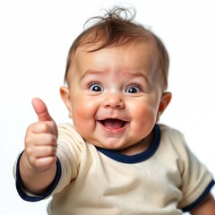 Cute baby giving funny facial expressions, gesture on transparent background. Smiling infant showing positive emotion. Happy toddler laughing with open mouth. Concept of joy, happiness, childhood,