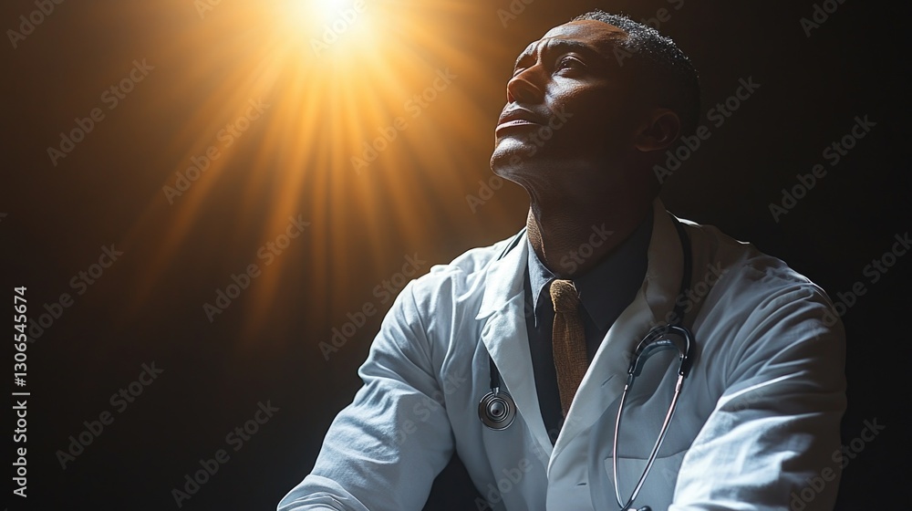 Poster A man in a lab coat sits in front of a bright light, ready to conduct an experiment