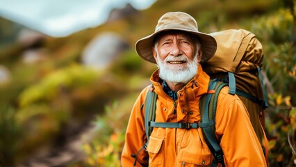 Obraz premium An elderly man enjoys a hiking adventure in a lush mountainous landscape. He is well-equipped, wearing bright gear and a backpack, highlighting a lifestyle of exploration and active living.