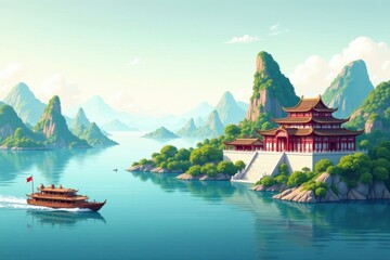 Obraz premium Serene Lakeside Temple and Boat A Tranquil Asian-Inspired Landscape Illustration