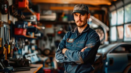 Portrait of a confident mechanic in a workshop, surrounded by tools and equipment. He stands ready for automotive repairs with a professional demeanor.