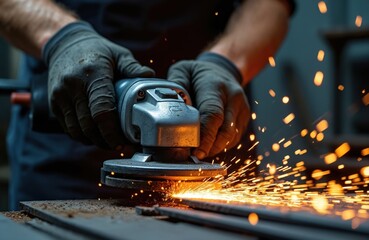 Worker grinds metal with angle grinder producing sparks. Craftsman uses power tool in workshop. Metalwork, metallurgy processing by repairman. Factory worker in gloves polishing steel. Protective