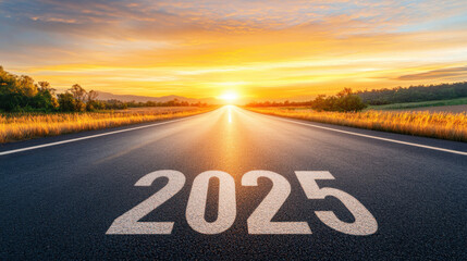 Sunset over long road with 2025 painted on asphalt, symbolizing new beginnings and hope for future