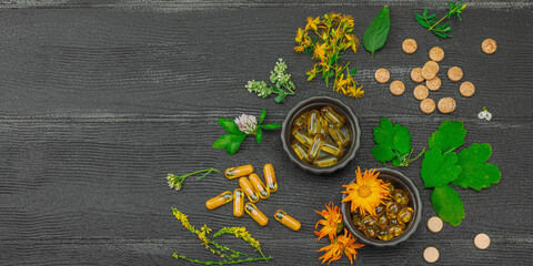Plant based supplements, natural vitamins, fresh herbs and flowers. Organic ingredients medication