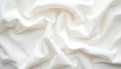 Fototapeta premium Wrinkled white linen fabric background. Crumpled canvas cotton texture, textile surface. Natural handmade eco organic flax cloth. Light design surface, seamless blank material for sewing clothes.
