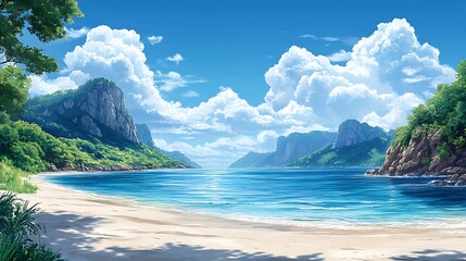 Coastal seascape Sandy beach under sunny sky. Mountains, greenery, and clouds in background