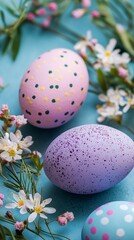 Obraz premium Polka dot and speckled Easter eggs with spring flowers.