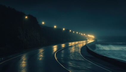 Obraz premium Winding coastal road at night, wet asphalt, illuminated by street lamps, dramatic dark sky, ocean waves crashing against seawall.
