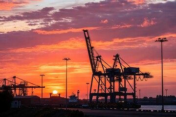 Fototapeta premium Gorgeous port machinery silhouette at sunset