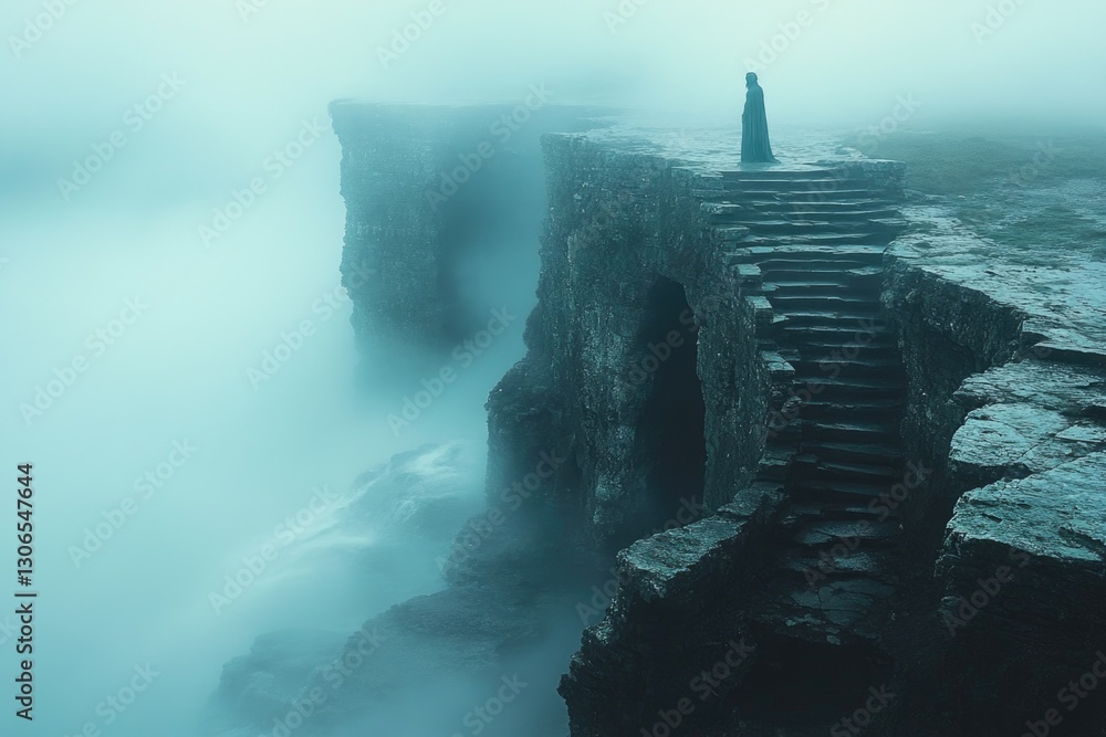 Poster a person stands at the edge of a cliff overlooking a rushing waterfall