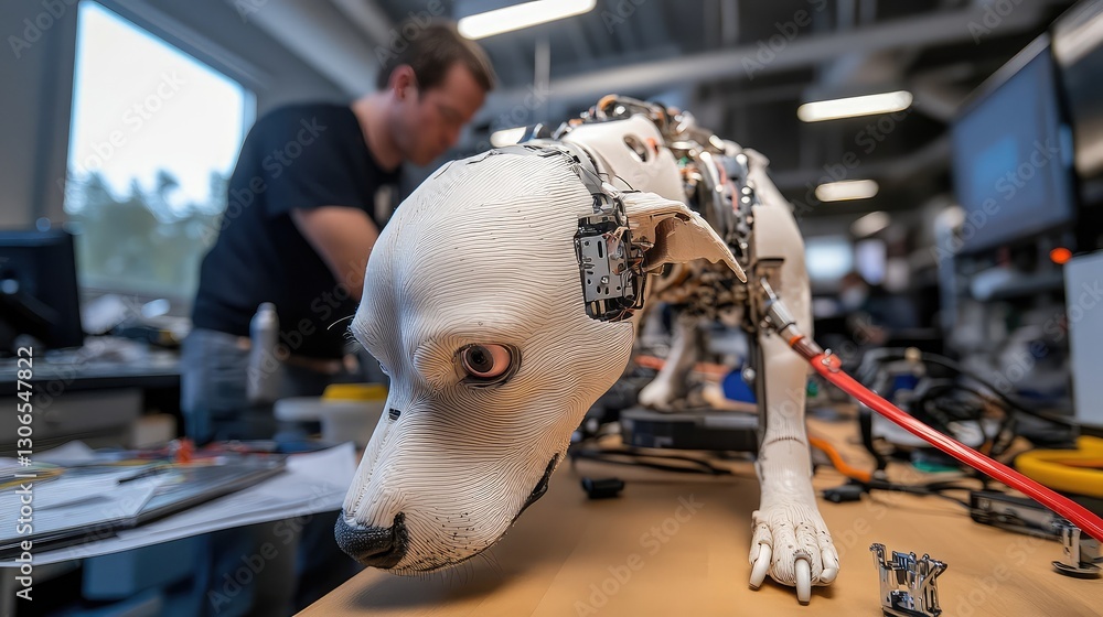 Poster a robotic dog being tested for its autonomous movement and task execution.