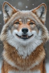 Obraz premium A close-up shot of a happy wolf with a warm smile, set against a snowy background