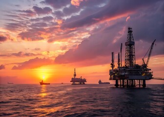 Obraz premium Panoramic image of oil rigs at sea with a gorgeous sunset