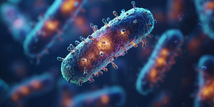 Microscopic view of bacteria and particles in a glowing liquid environment