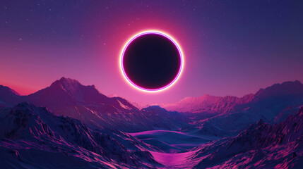 Minimalist solar eclipse with neon corona, deep cosmos backdrop, futuristic celestial theme