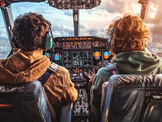 Pilots in Cockpit with Instrument Panel During Flight at Sunset