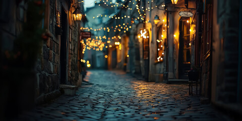 Fototapeta premium Mystical medieval town with cobblestone streets and magical glowing lanterns