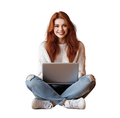 Naklejka premium Young smiling woman sitting on the floor with laptop, isolated on transparent background