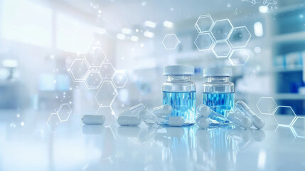 Pharmaceutical research background with white and blue soft lighting, molecules, and futuristic texture