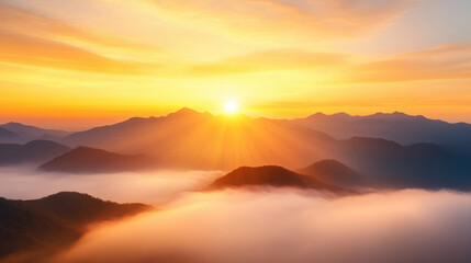 Obraz premium Breathtaking panoramic view of misty mountains at sunrise, showcasing vibrant colors and soft clouds. serene landscape evokes sense of peace and tranquility