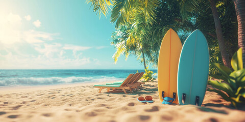 beach with surfboards, flip-flops, and sun loungers under bright sunlight, summer holiday theme