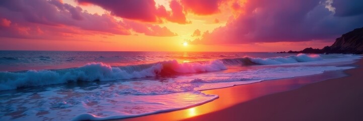 Fototapeta premium Vibrant orange and purple sunset hues over calm ocean waves, sandy beach , holiday, relaxation, vector