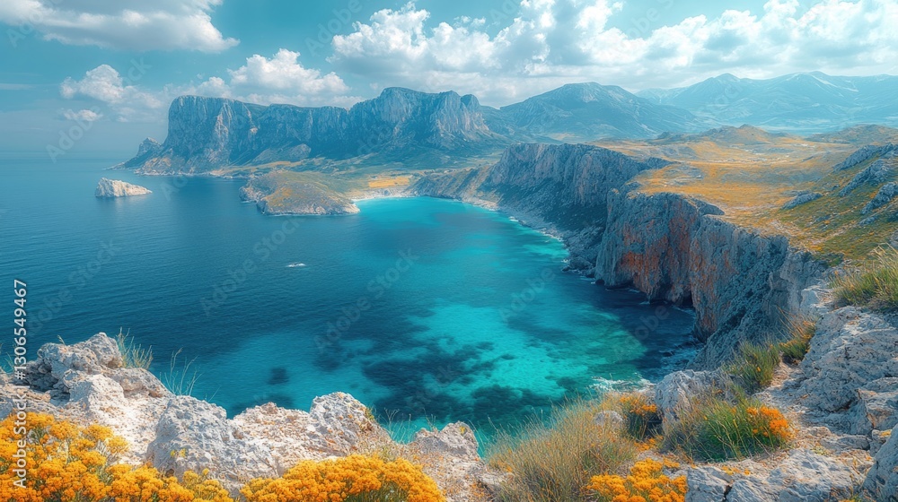 Poster a scenic view of the ocean from a high cliff, perfect for use in travel or adventure-themed projects